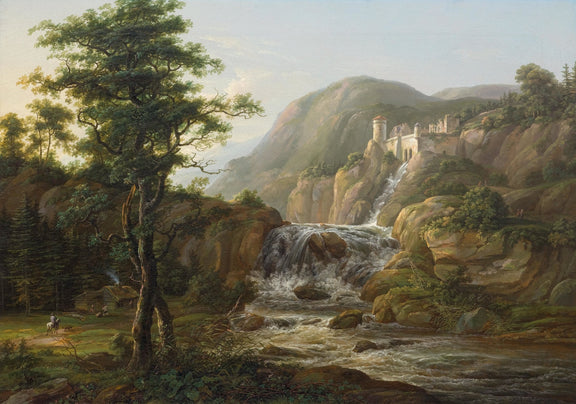 Landscape Oil Painting - Castle, Waterfall and Mountain View - Oil Painting Haven