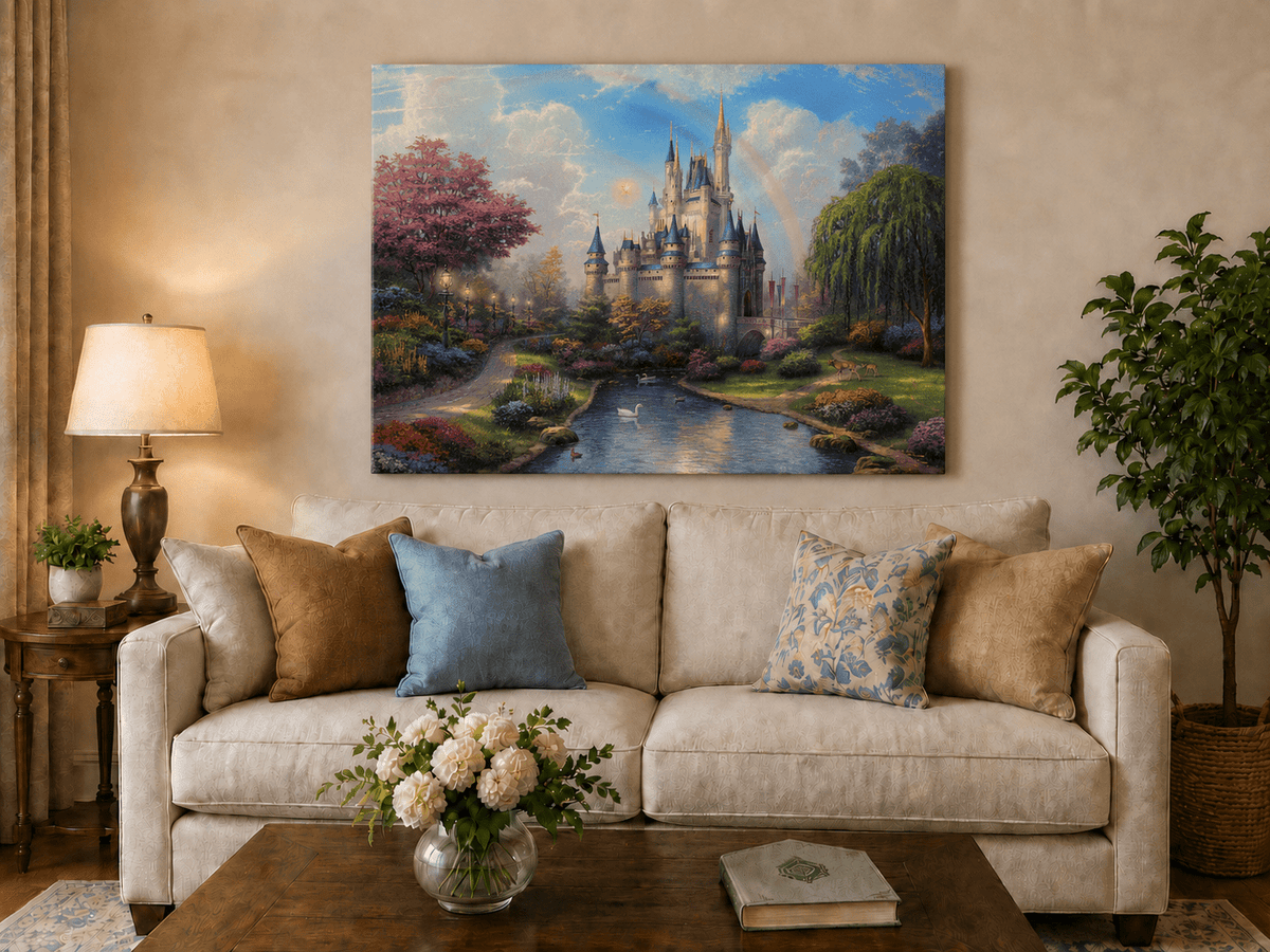 Landscape Oil Painting - Castle with Rainbow & Garden Stream