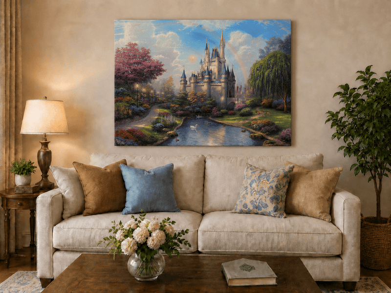 Landscape Oil Painting - Castle with Rainbow & Garden Stream