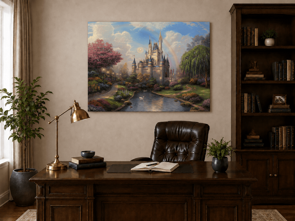 Landscape Oil Painting - Castle with Rainbow & Garden Stream