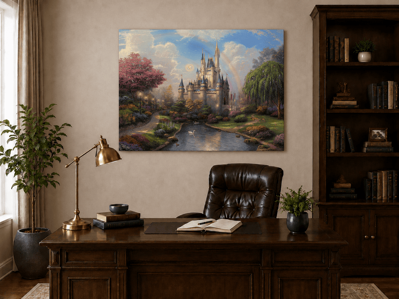 Landscape Oil Painting - Castle with Rainbow & Garden Stream
