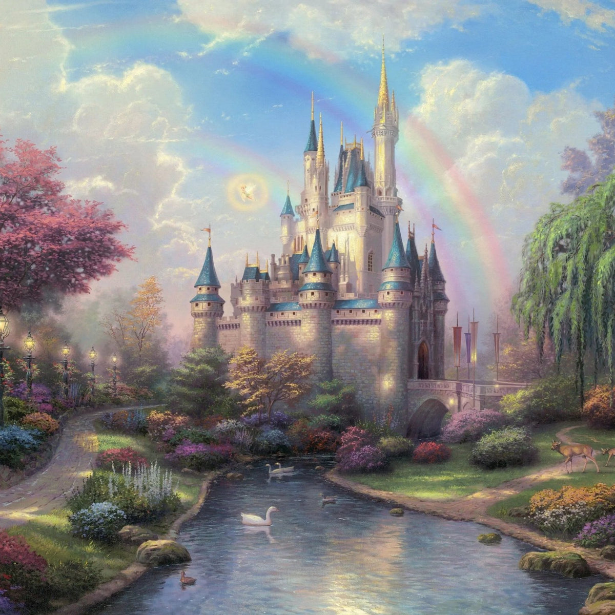 Landscape Oil Painting - Castle with Rainbow & Garden Stream - Oil Painting Haven