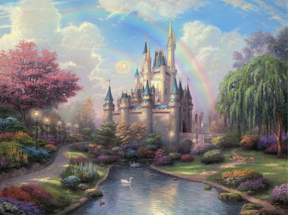 Landscape Oil Painting - Castle with Rainbow & Garden Stream - Oil Painting Haven