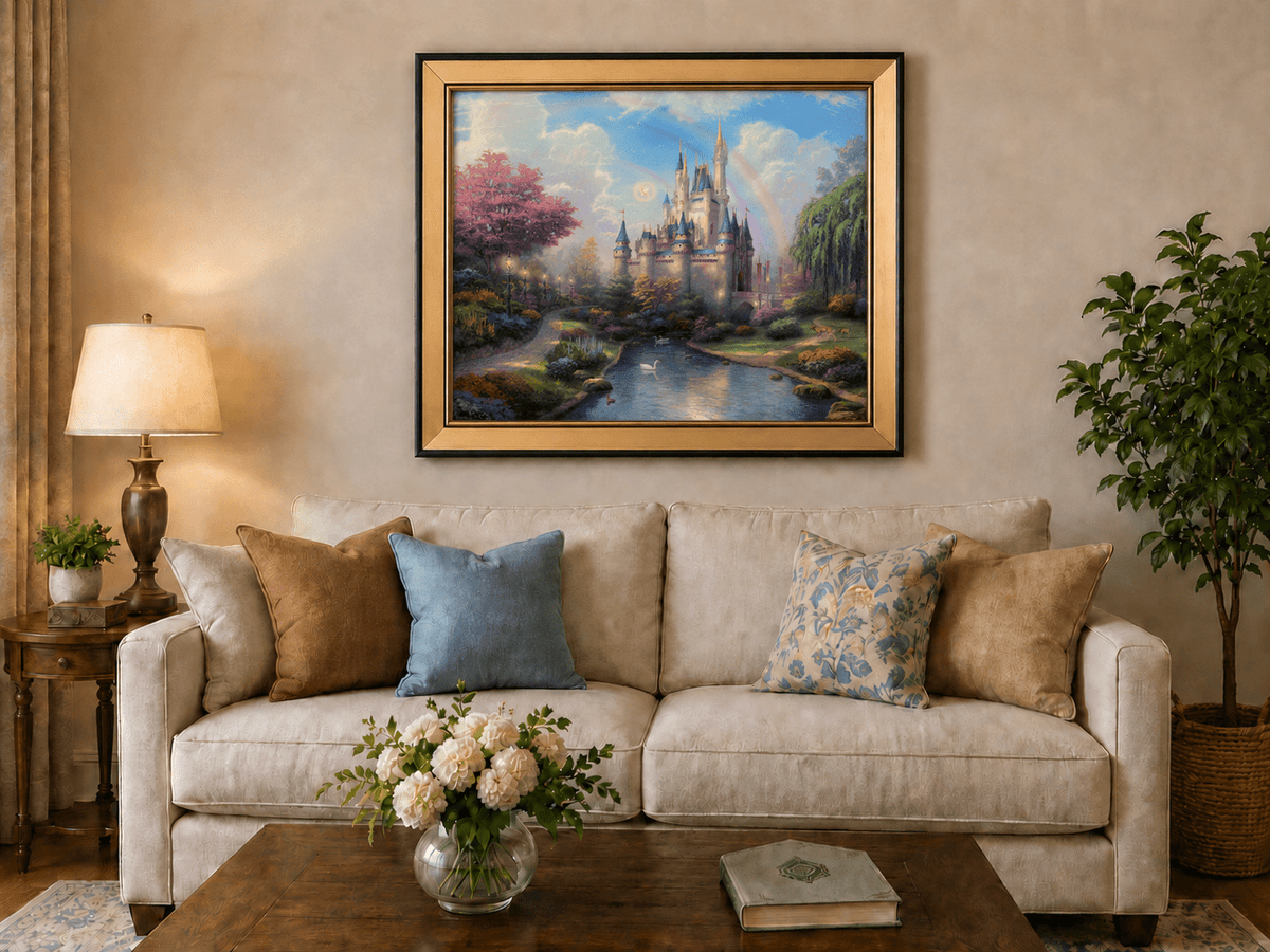 Landscape Oil Painting - Castle with Rainbow & Garden Stream