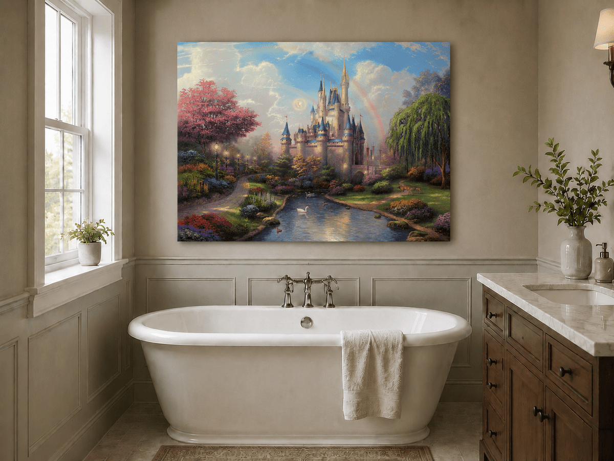 Landscape Oil Painting - Castle with Rainbow & Garden Stream