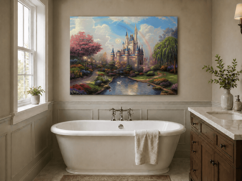 Landscape Oil Painting - Castle with Rainbow & Garden Stream