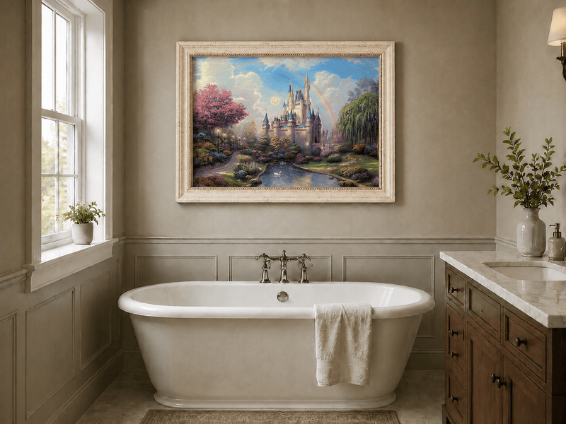 Landscape Oil Painting - Castle with Rainbow & Garden Stream