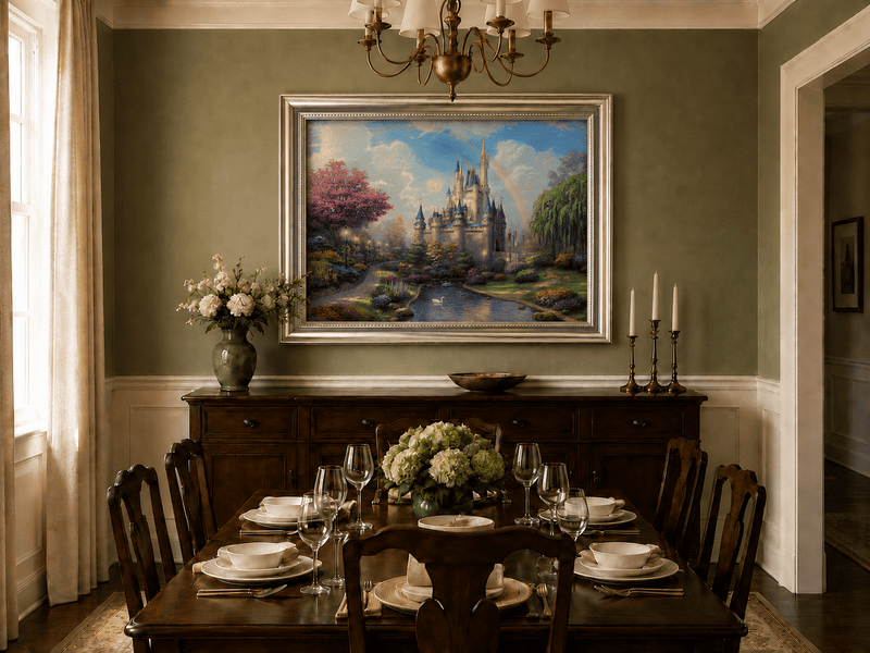 Landscape Oil Painting - Castle with Rainbow & Garden Stream