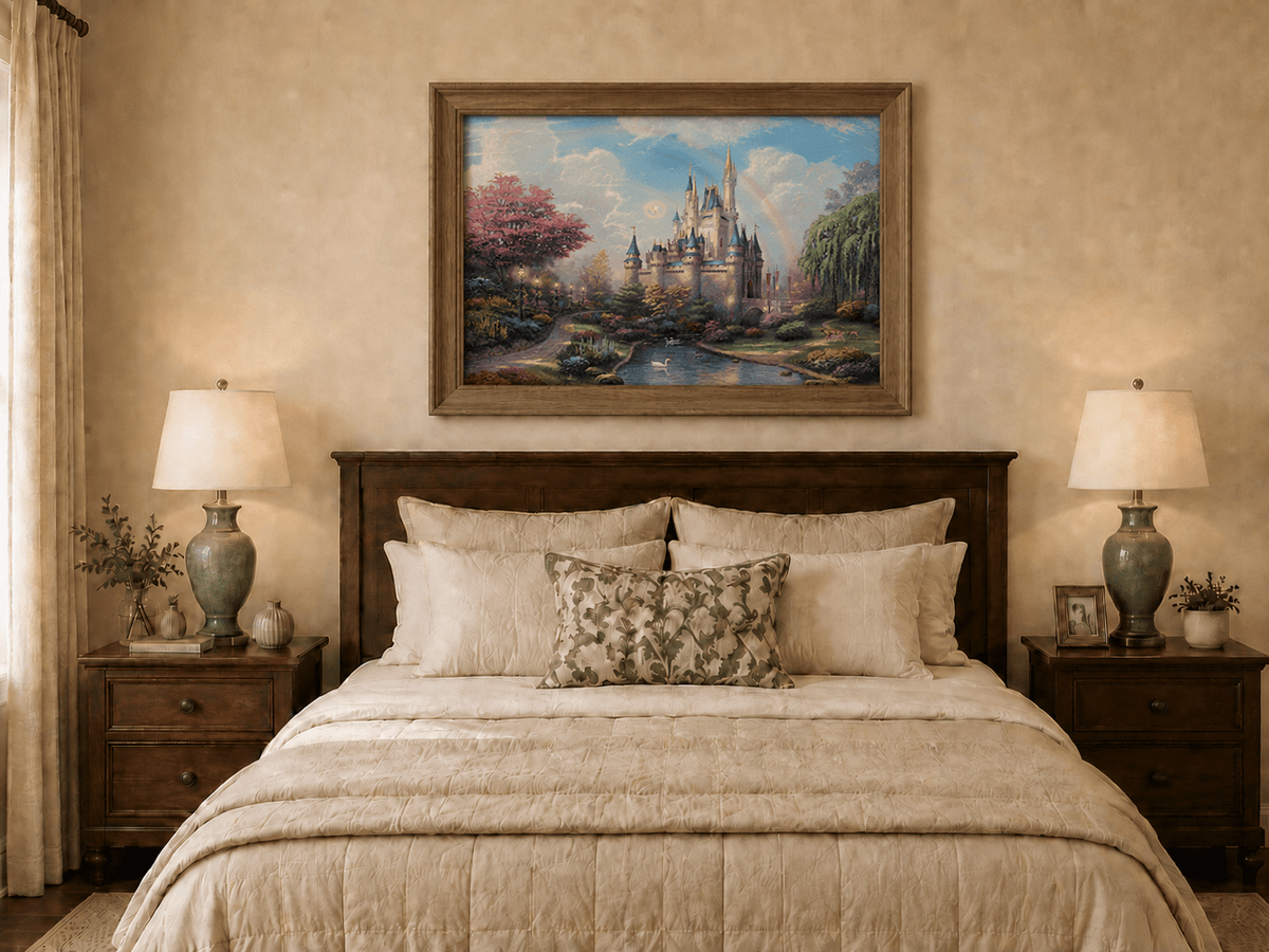Landscape Oil Painting - Castle with Rainbow & Garden Stream