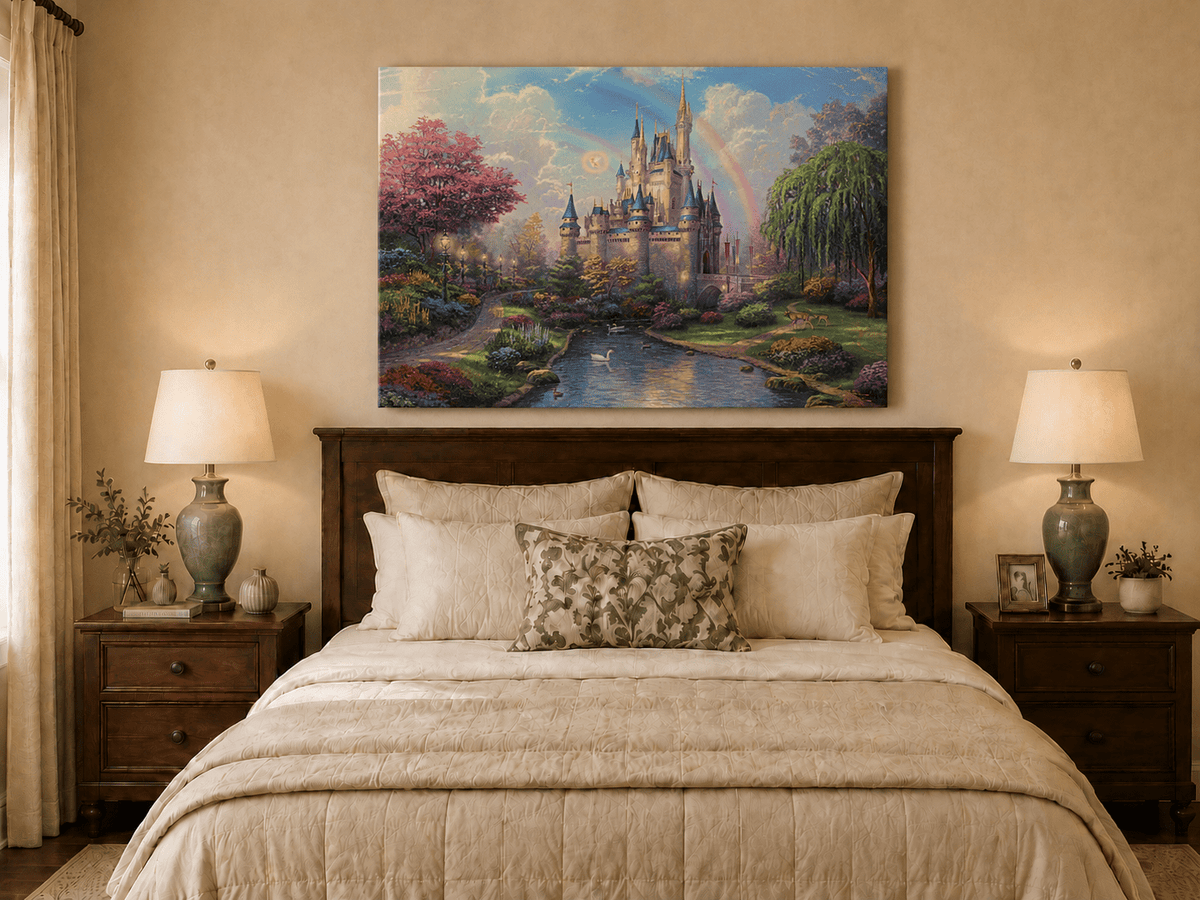 Landscape Oil Painting - Castle with Rainbow & Garden Stream