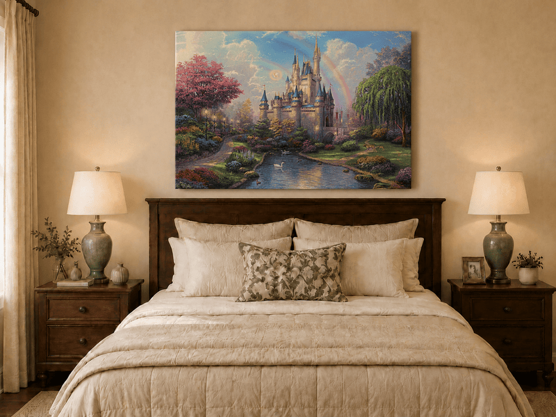 Landscape Oil Painting - Castle with Rainbow & Garden Stream