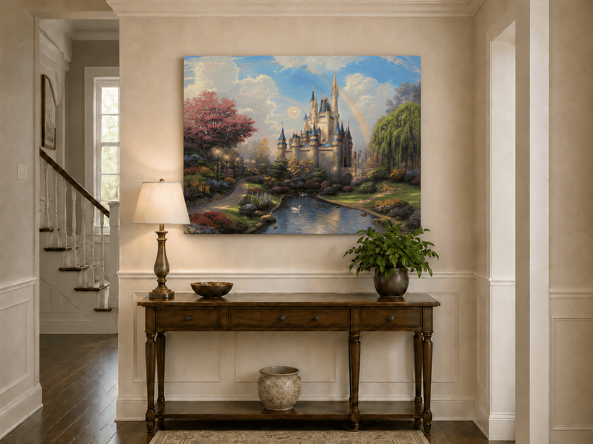 Landscape Oil Painting - Castle with Rainbow & Garden Stream