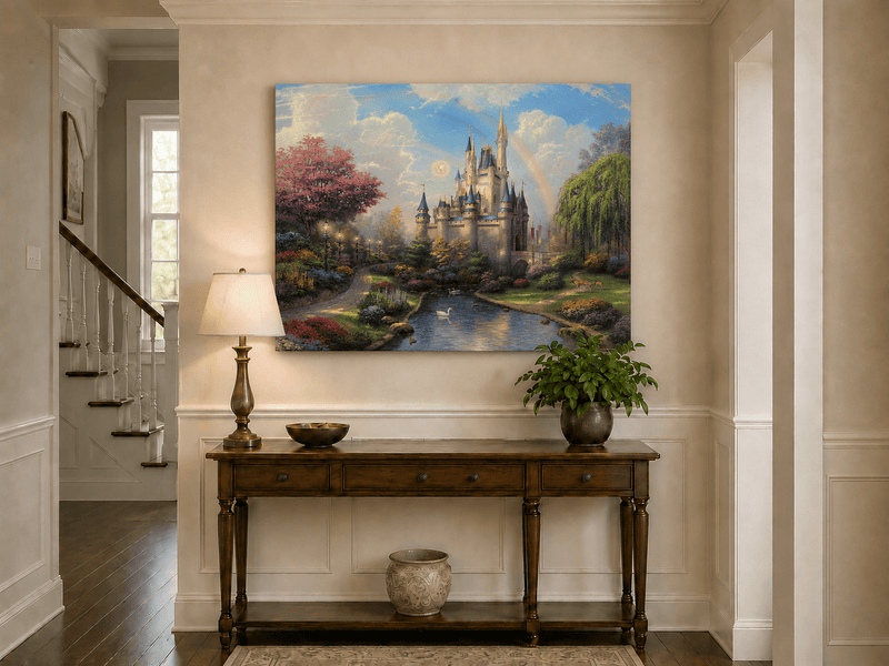 Landscape Oil Painting - Castle with Rainbow & Garden Stream
