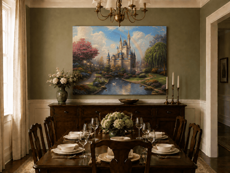 Landscape Oil Painting - Castle with Rainbow & Garden Stream