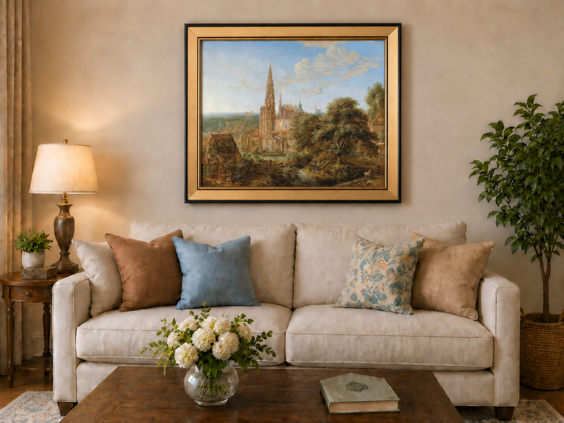 Hand-painted Cathedral Cityscape Rustic Foreground landscape oil painting displayed as wall art in a styled interior