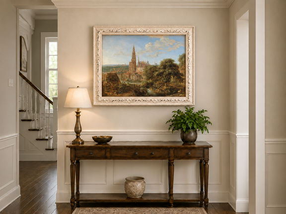Hand-painted Cathedral Cityscape Rustic Foreground landscape oil painting displayed as wall art in a styled interior