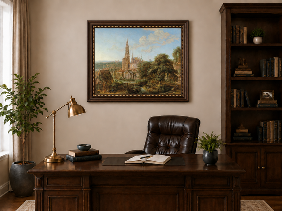 Hand-painted Cathedral Cityscape Rustic Foreground landscape oil painting displayed as wall art in a styled interior