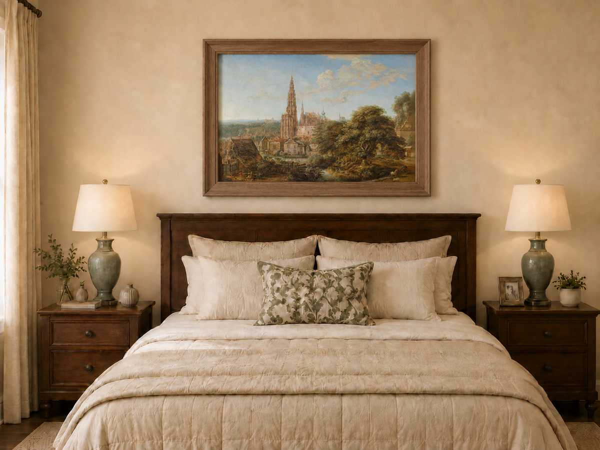 Hand-painted Cathedral Cityscape Rustic Foreground landscape oil painting displayed as wall art in a styled interior