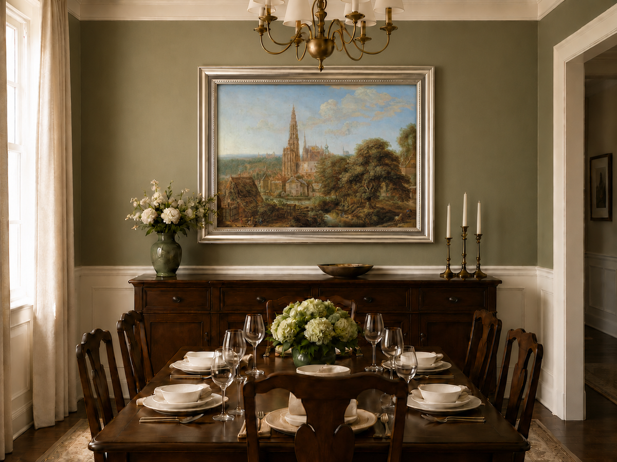 Hand-painted Cathedral Cityscape Rustic Foreground landscape oil painting displayed as wall art in a styled interior