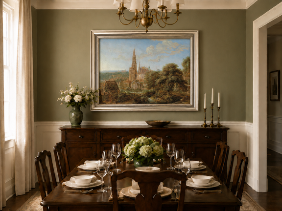 Hand-painted Cathedral Cityscape Rustic Foreground landscape oil painting displayed as wall art in a styled interior