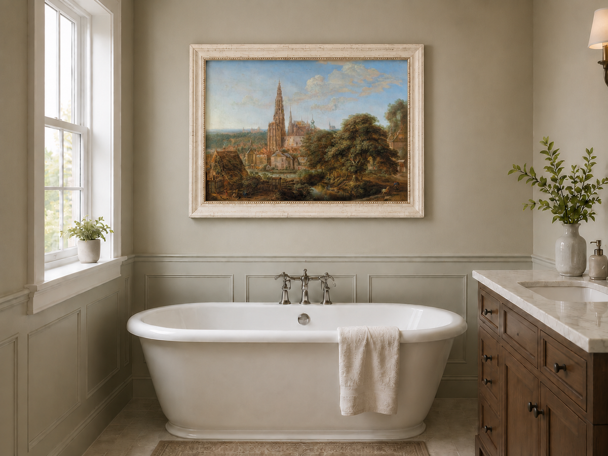 Hand-painted Cathedral Cityscape Rustic Foreground landscape oil painting displayed as wall art in a styled interior