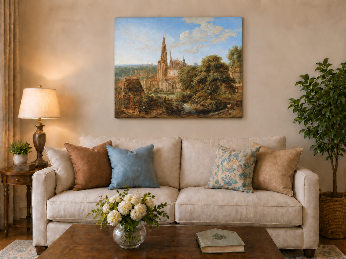 Hand-painted Cathedral Cityscape Rustic Foreground landscape oil painting displayed as wall art in a styled interior
