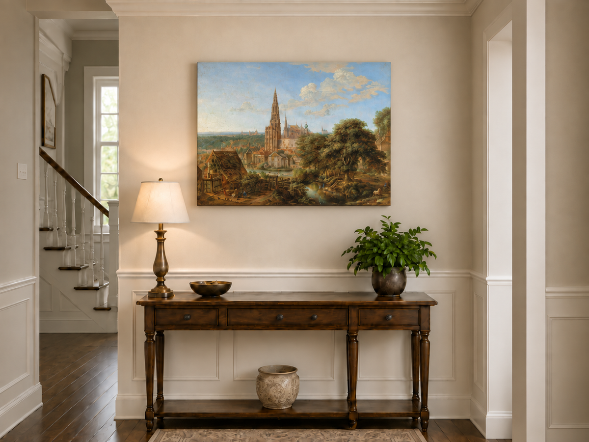Hand-painted Cathedral Cityscape Rustic Foreground landscape oil painting displayed as wall art in a styled interior