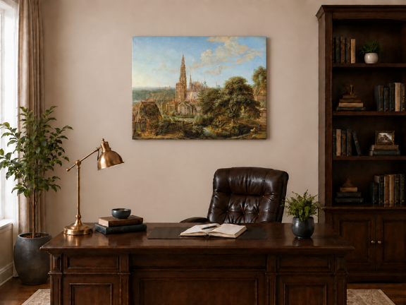 Hand-painted Cathedral Cityscape Rustic Foreground landscape oil painting displayed as wall art in a styled interior