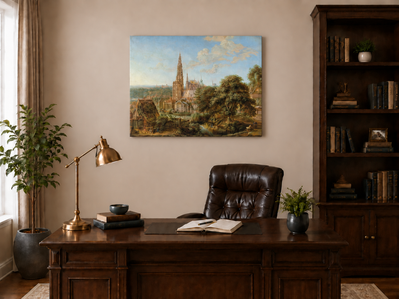 Hand-painted Cathedral Cityscape Rustic Foreground landscape oil painting displayed as wall art in a styled interior