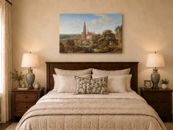 Hand-painted Cathedral Cityscape Rustic Foreground landscape oil painting displayed as wall art in a styled interior