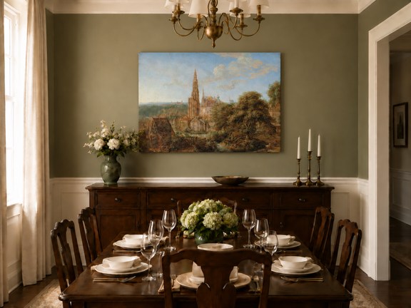 Hand-painted Cathedral Cityscape Rustic Foreground landscape oil painting displayed as wall art in a styled interior