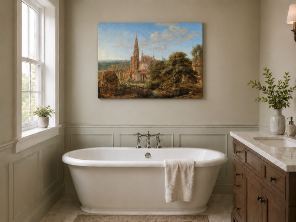 Hand-painted Cathedral Cityscape Rustic Foreground landscape oil painting displayed as wall art in a styled interior