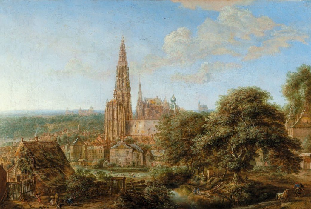 Hand-painted cathedral cityscape with rustic foreground landscape oil painting on canvas