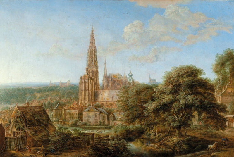 Hand-painted cathedral cityscape with rustic foreground landscape oil painting on canvas