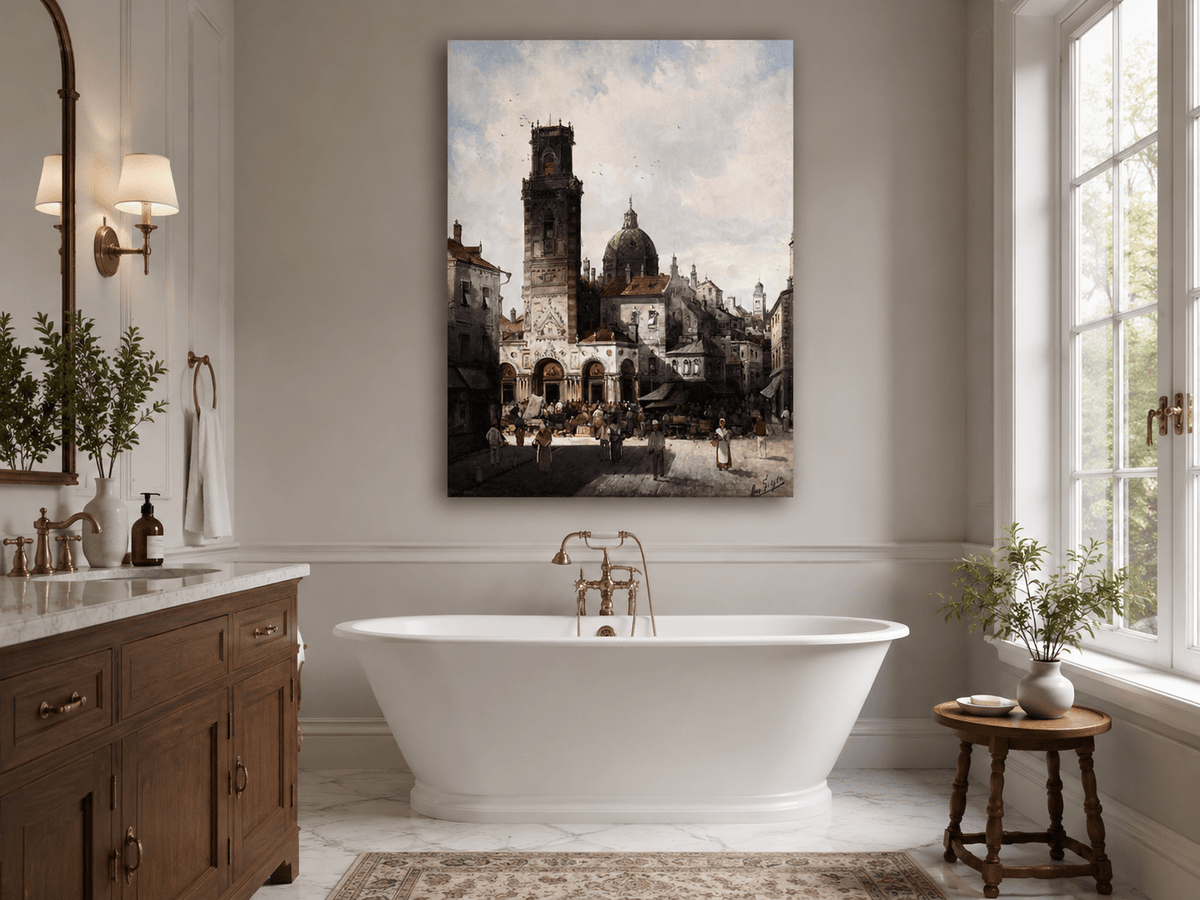 Landscape Oil Painting - Cathedral Square and Market Scene
