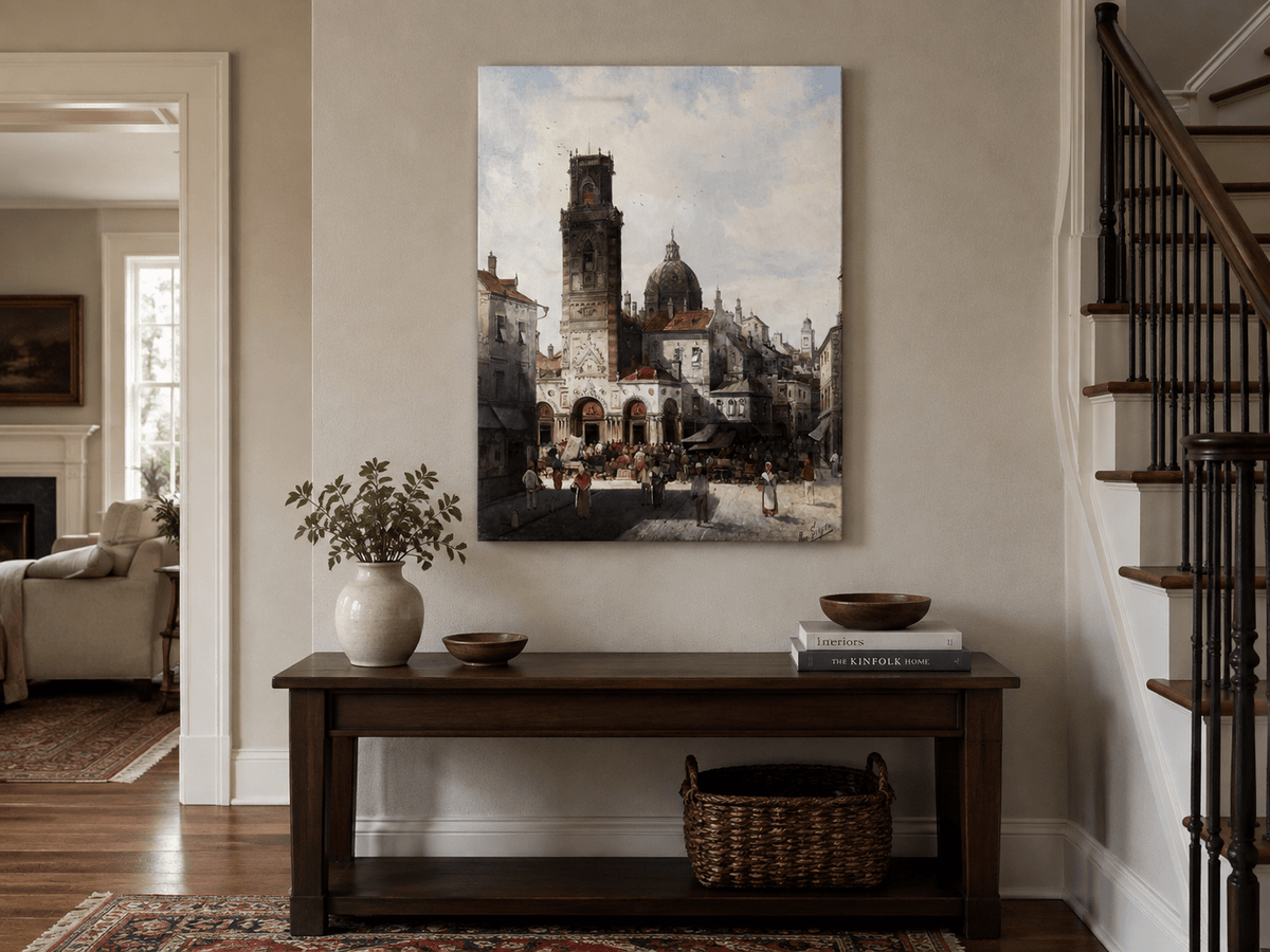 Landscape Oil Painting - Cathedral Square and Market Scene