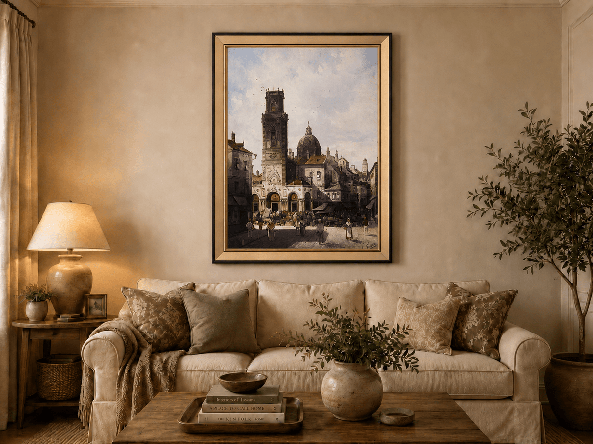 Landscape Oil Painting - Cathedral Square and Market Scene