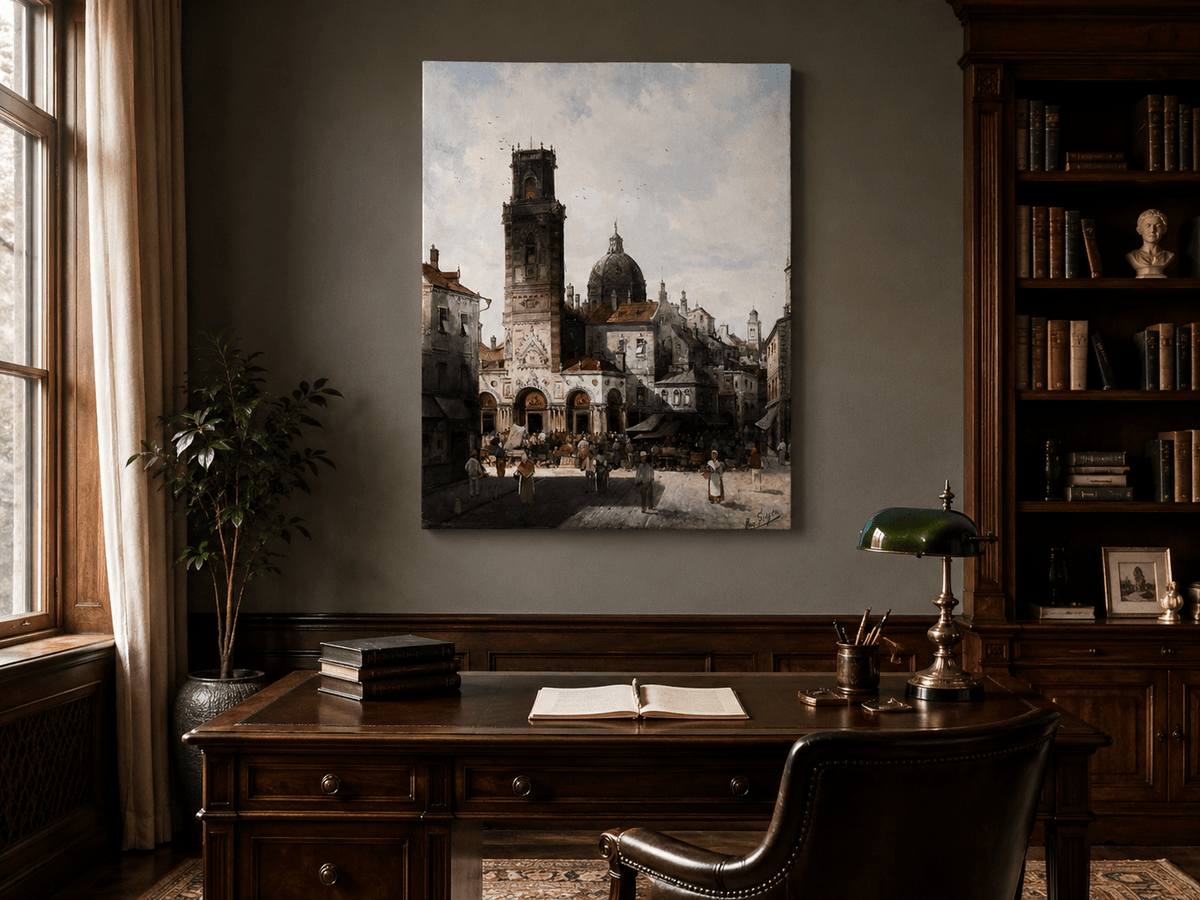 Landscape Oil Painting - Cathedral Square and Market Scene
