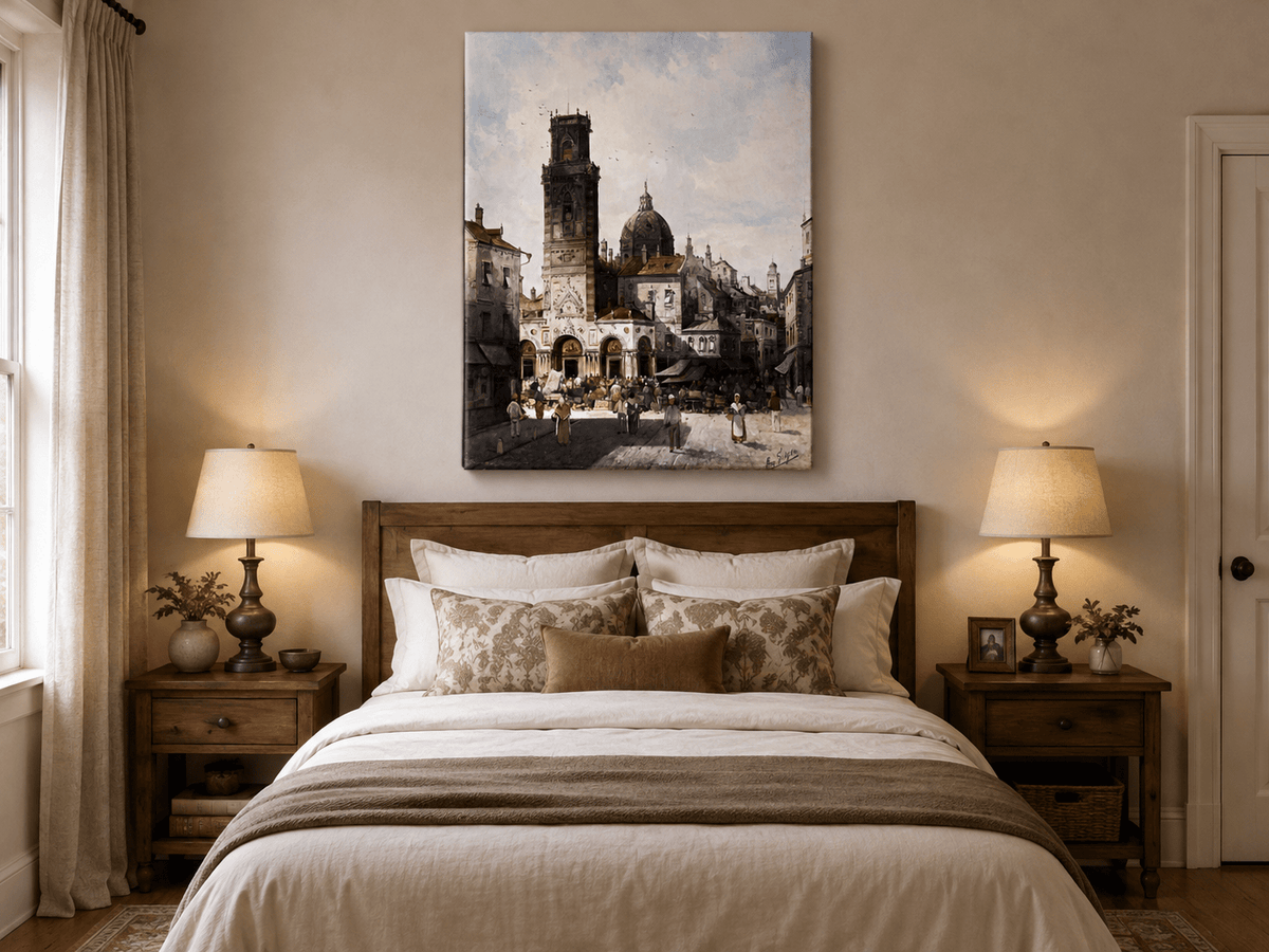 Landscape Oil Painting - Cathedral Square and Market Scene