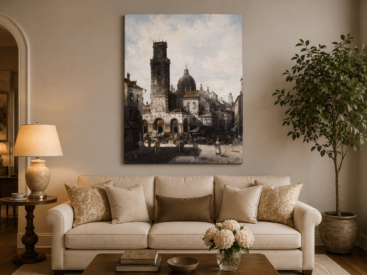 Landscape Oil Painting - Cathedral Square and Market Scene