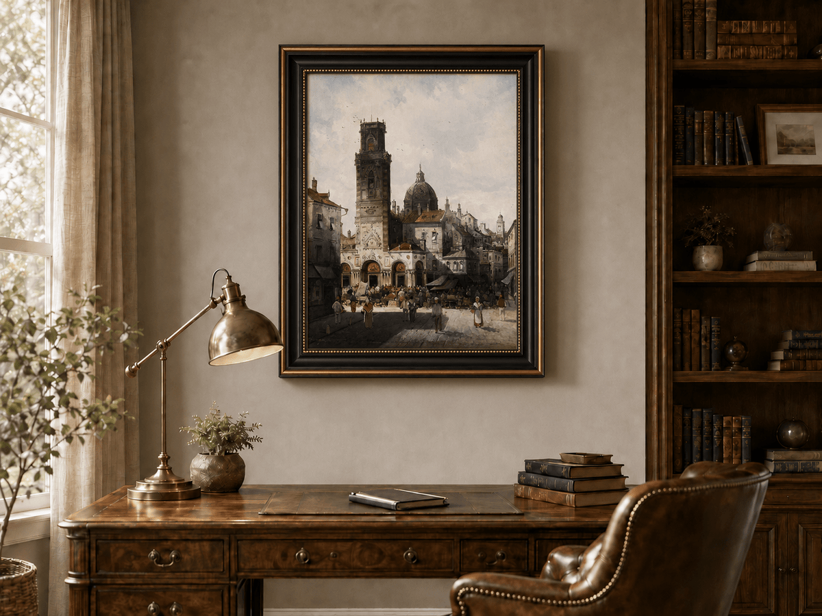 Landscape Oil Painting - Cathedral Square and Market Scene