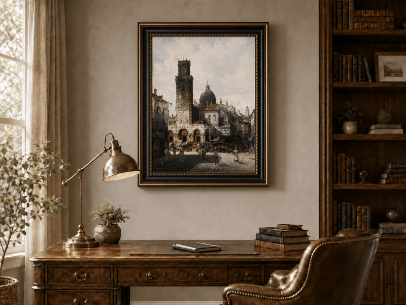Landscape Oil Painting - Cathedral Square and Market Scene