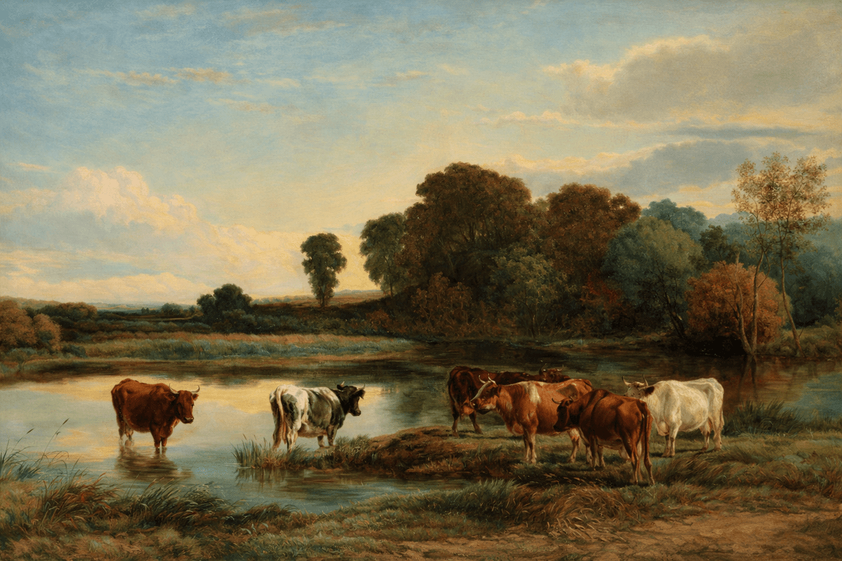Hand-painted cattle by a quiet river at sunset landscape oil painting on canvas