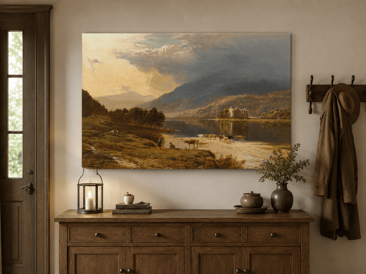 Ölgemälde Landschaft - Kühe überqueren einen See