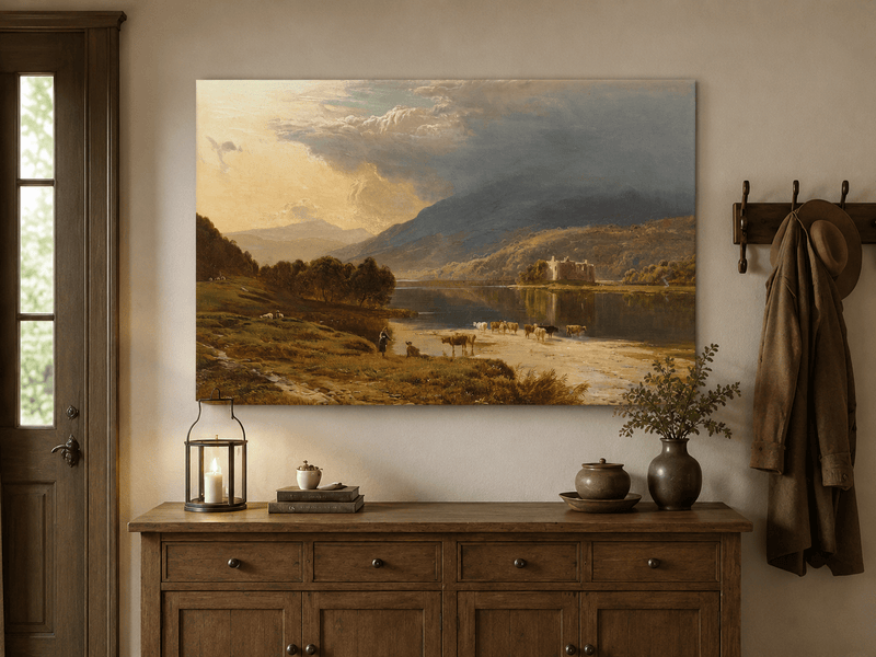 Ölgemälde Landschaft - Kühe überqueren einen See