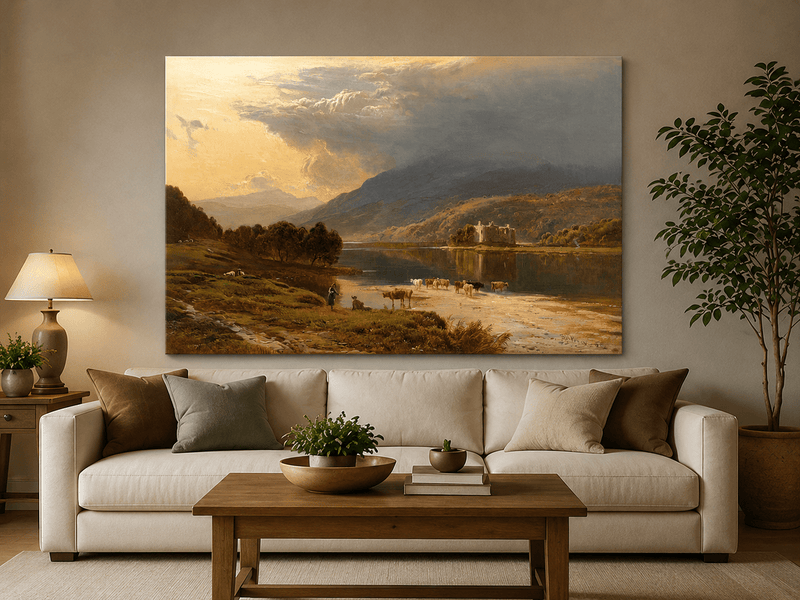 Ölgemälde Landschaft - Kühe überqueren einen See