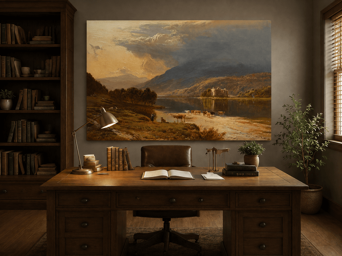 Ölgemälde Landschaft - Kühe überqueren einen See