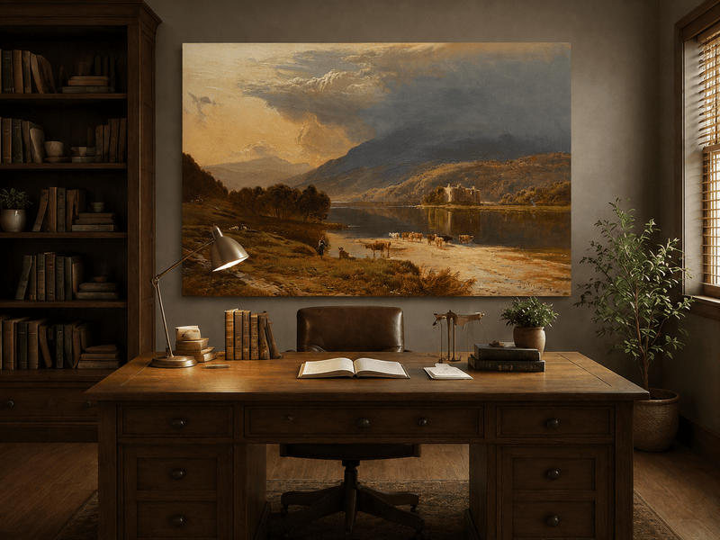 Ölgemälde Landschaft - Kühe überqueren einen See