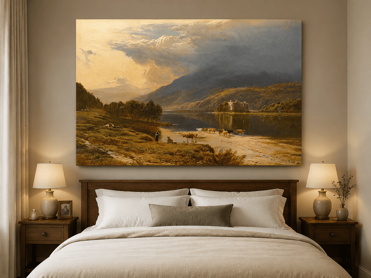 Ölgemälde Landschaft - Kühe überqueren einen See