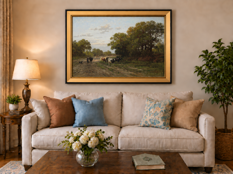Hand-painted Cattle on Country Path in Drenthe landscape oil painting displayed as wall art in a styled interior